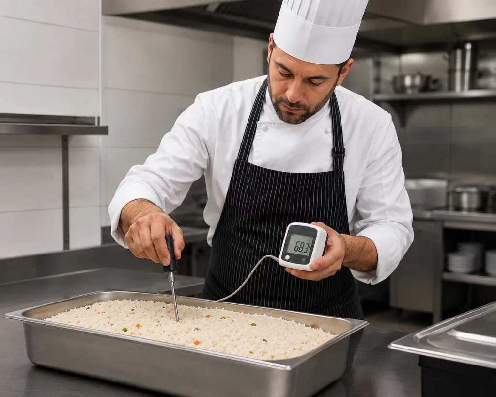 Chef checking temperature while cooling food in an Algarve restaurant kitchen