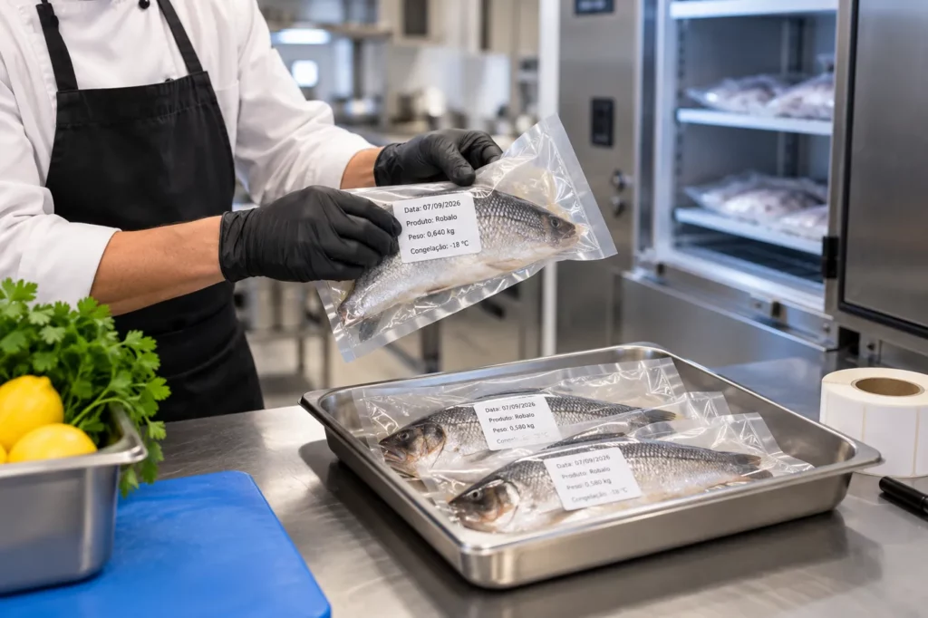 Freezing food packaged and labelled in an Algarve restaurant kitchen